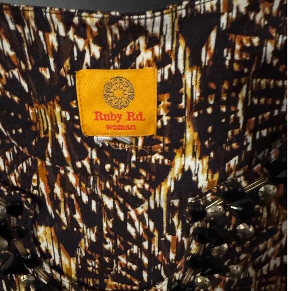 Ruby Rd. 3X Beaded Neckline Abstract Print Top Brown Black White - Picture 3 of 5